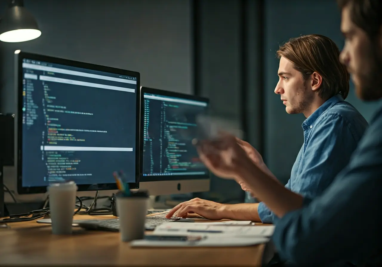 A team of developers coding on multiple computer screens. 35mm stock photo