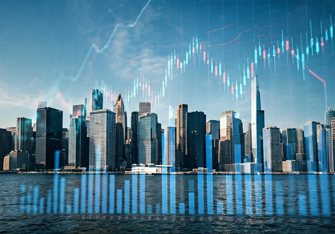 A NYC skyline with overlapping graphs and financial charts. 35mm stock photo