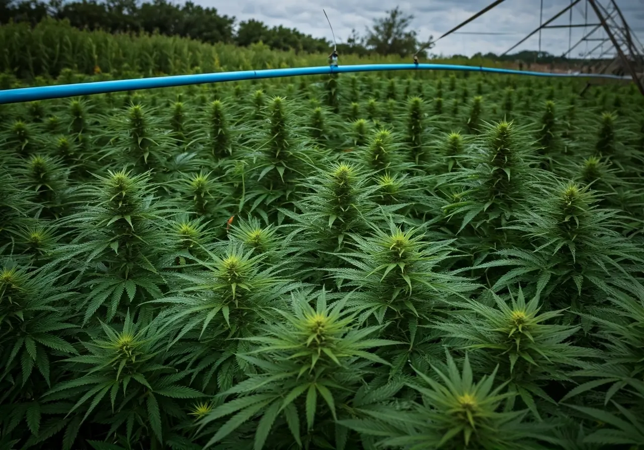 A lush cannabis field with a modern irrigation system setup. 35mm stock photo