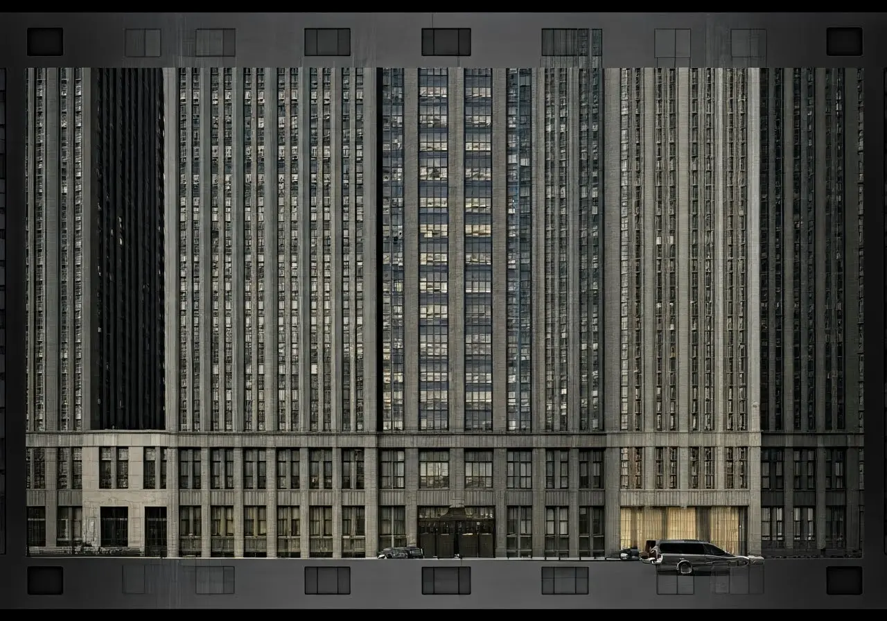 A sleek New York City luxury apartment building exterior. 35mm stock photo