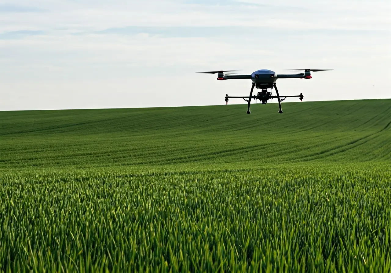 A drone spraying crops over a vast, green farm field. 35mm stock photo