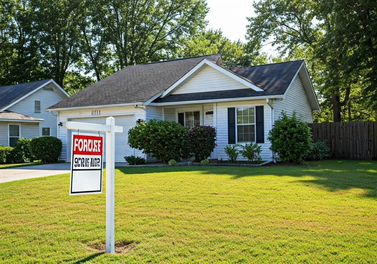A house with a foreclosure sign in the front yard. 35mm stock photo