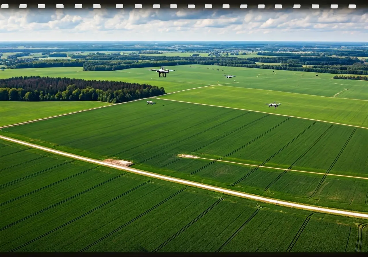 Aerial view of drones flying over expansive green farmland. 35mm stock photo