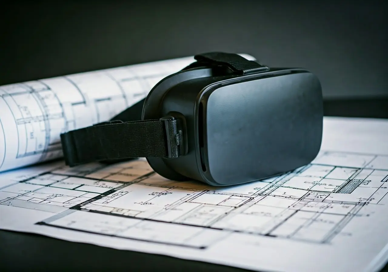 A virtual reality headset placed next to house blueprints. 35mm stock photo