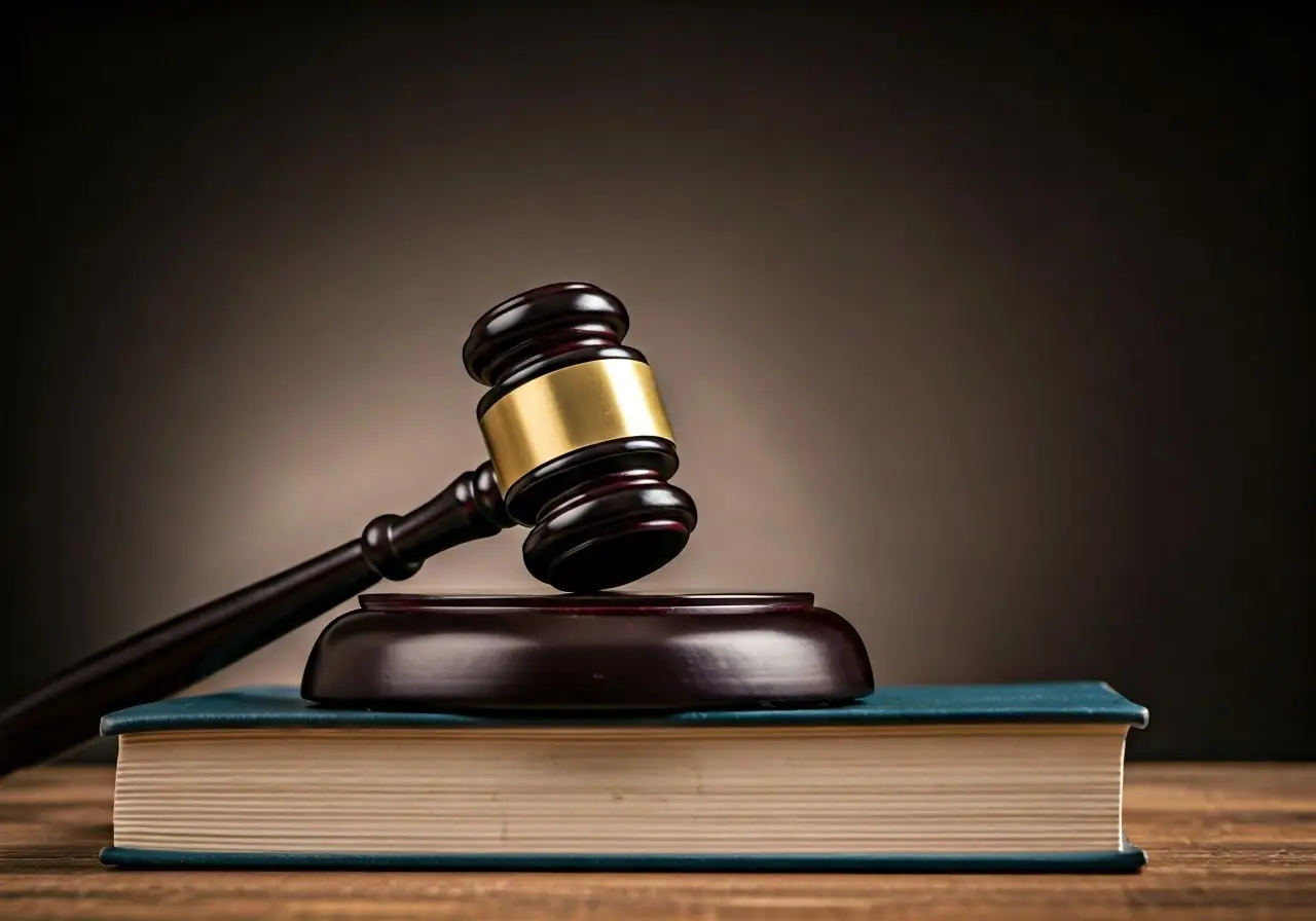 A gavel resting on top of a law book. 35mm stock photo