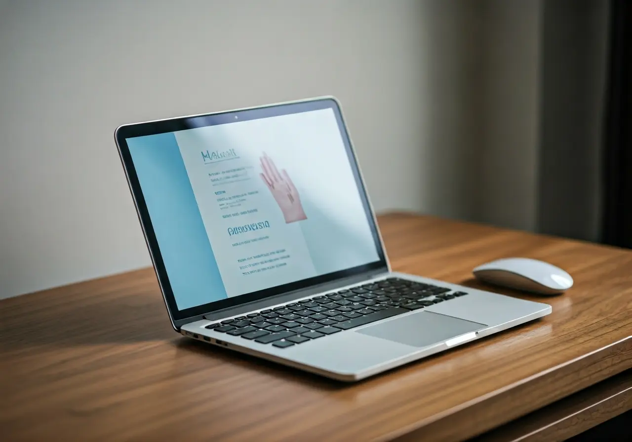 A laptop displaying a dermatology consultation on a cozy desk. 35mm stock photo