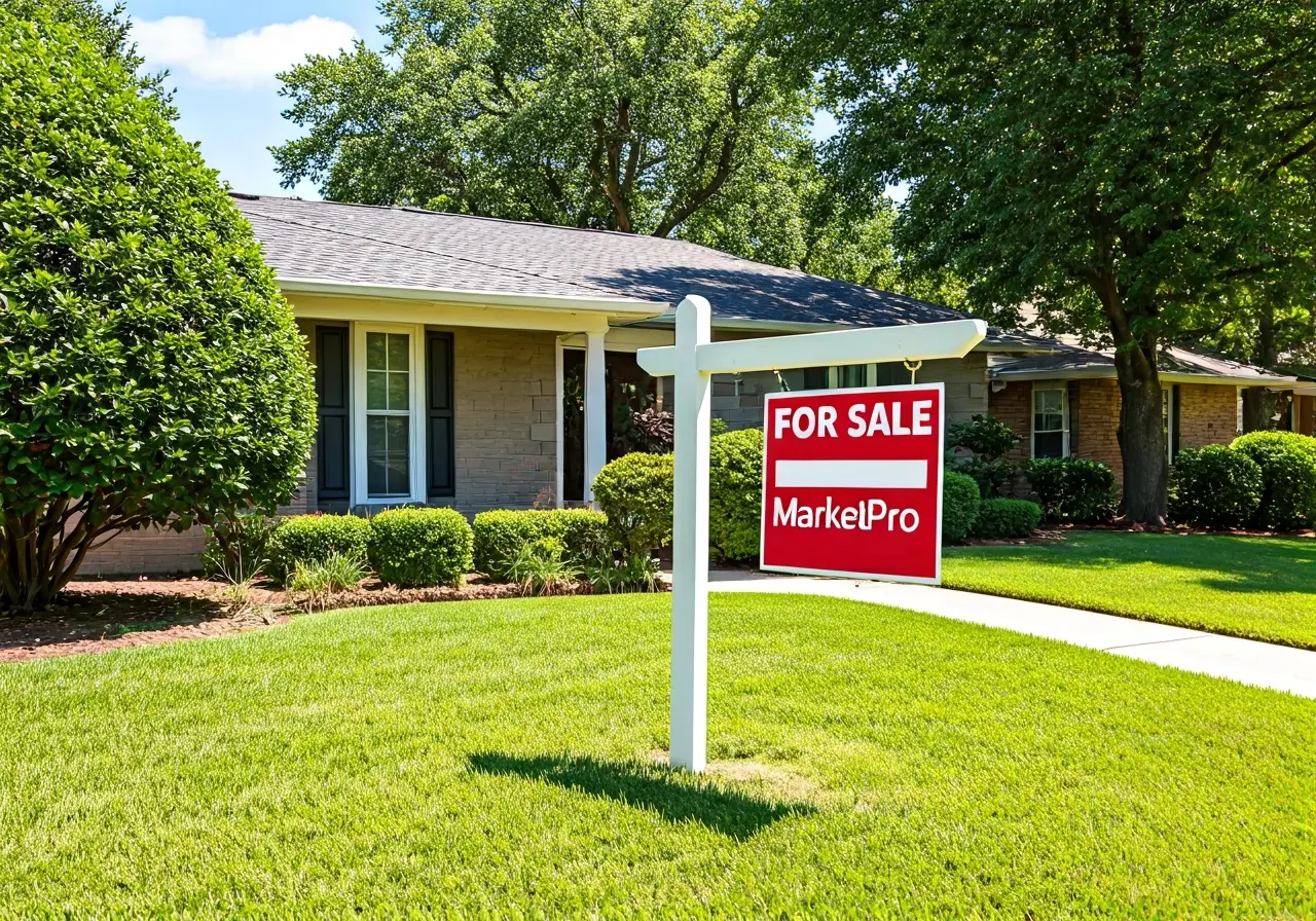 Front yard with a For Sale sign featuring MarketPro. 35mm stock photo