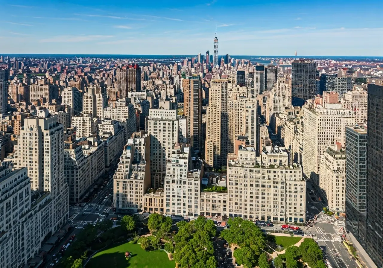 Aerial view of elegant Upper East Side cityscape. 35mm stock photo
