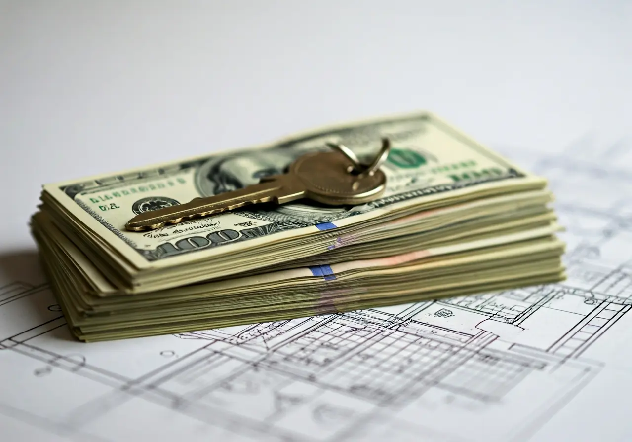 A stack of cash with keys atop a home blueprint. 35mm stock photo