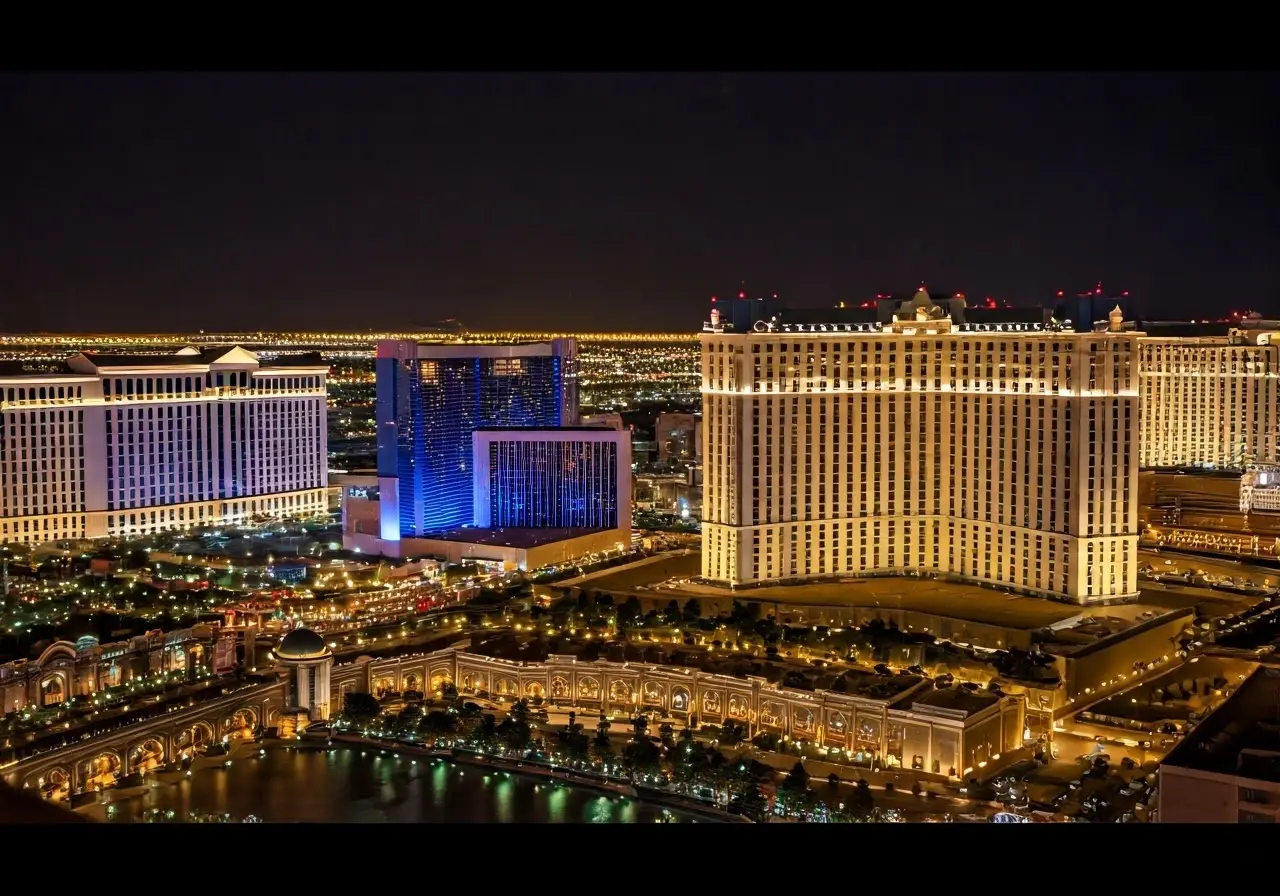 Aerial view of Las Vegas skyline at night. 35mm stock photo