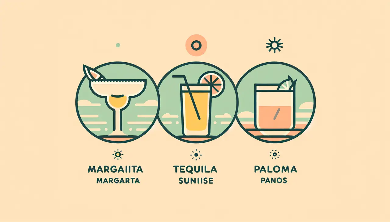 Draw a graphic in flat design style. A flat design illustration of a minimalist cocktail menu featuring three tequila cocktails: Margarita, Tequila Sunrise, and Paloma, each with a small icon on a soft pastel background.