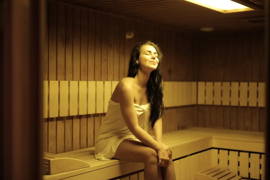 Serene woman relaxing in a wooden sauna wrapped in a towel, enjoying spa ambiance.