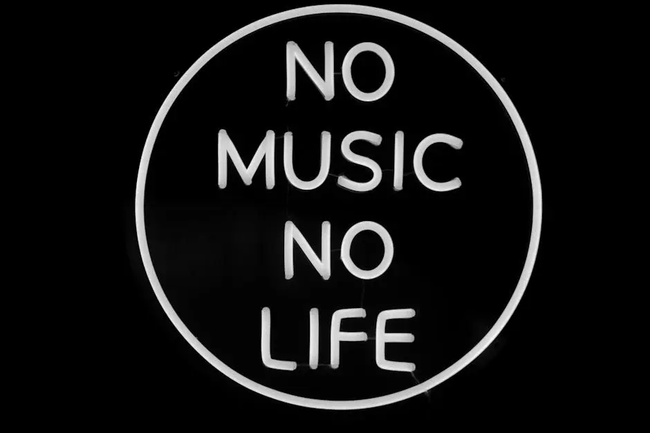 Monochrome neon sign displaying ‘No Music No Life’ against a dark background.