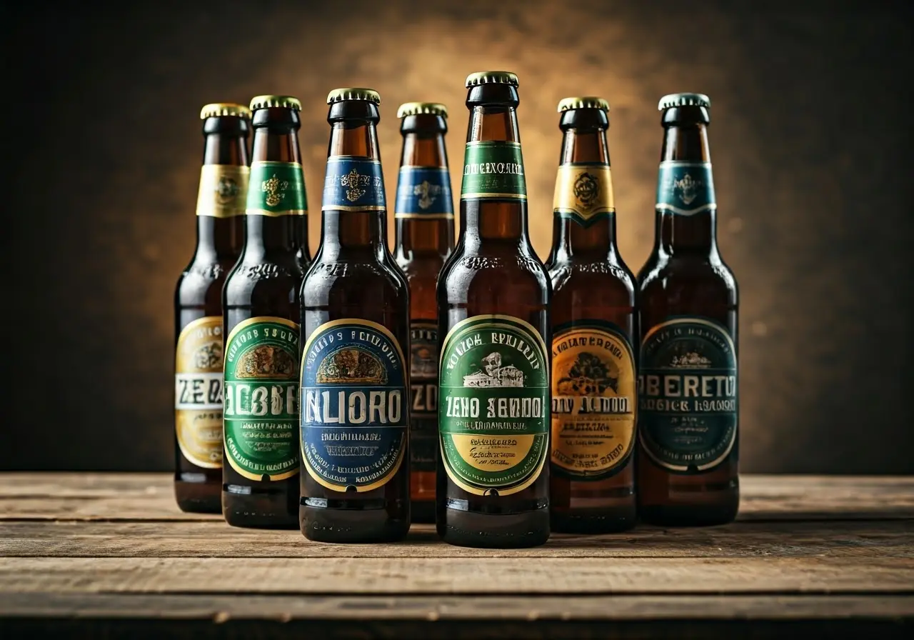 Colorful zero alcohol beer bottles arrayed on a rustic table. 35mm stock photo