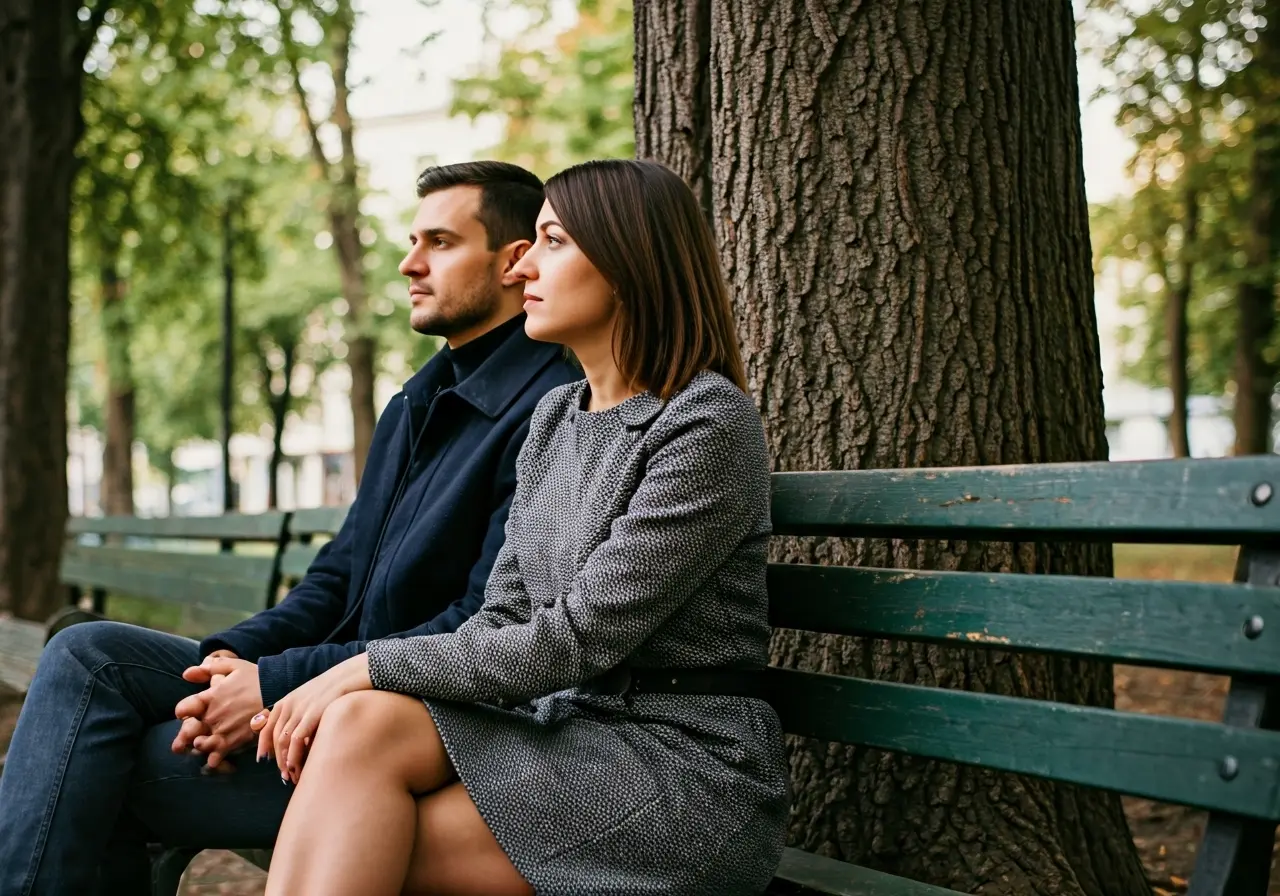 A couple sitting on a park bench, looking thoughtful. 35mm stock photo