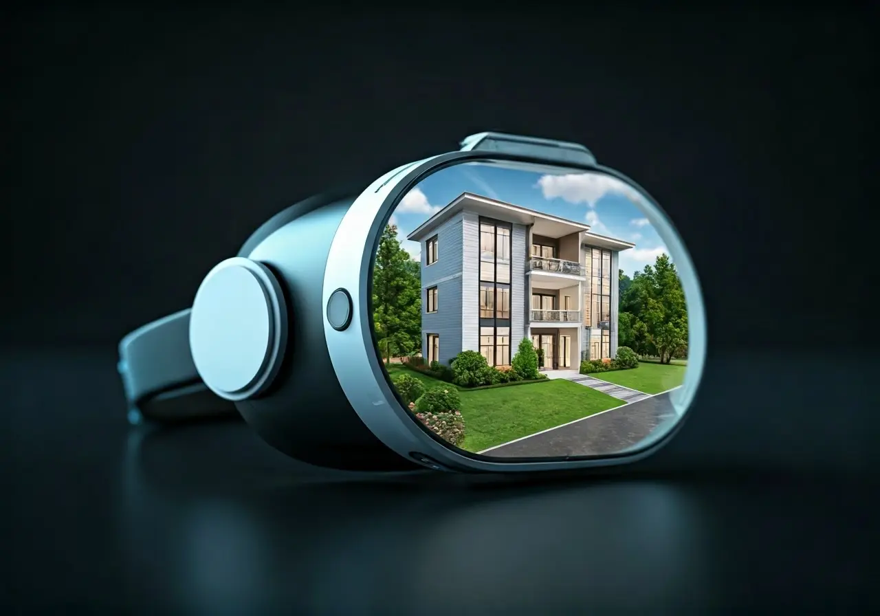 A futuristic virtual reality headset with a digital property model. 35mm stock photo