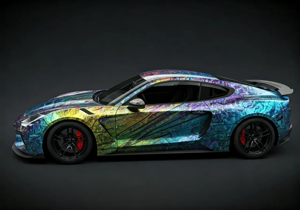 A vibrant, custom decal design displayed on a sleek car. 35mm stock photo