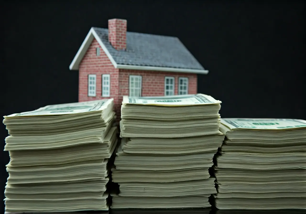 Stacks of cash beside a small, red-brick house. 35mm stock photo