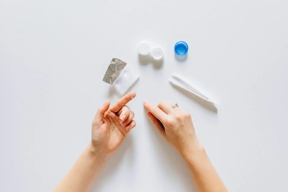 Hands arranging contact lens accessories on white background, emphasizing vision care.