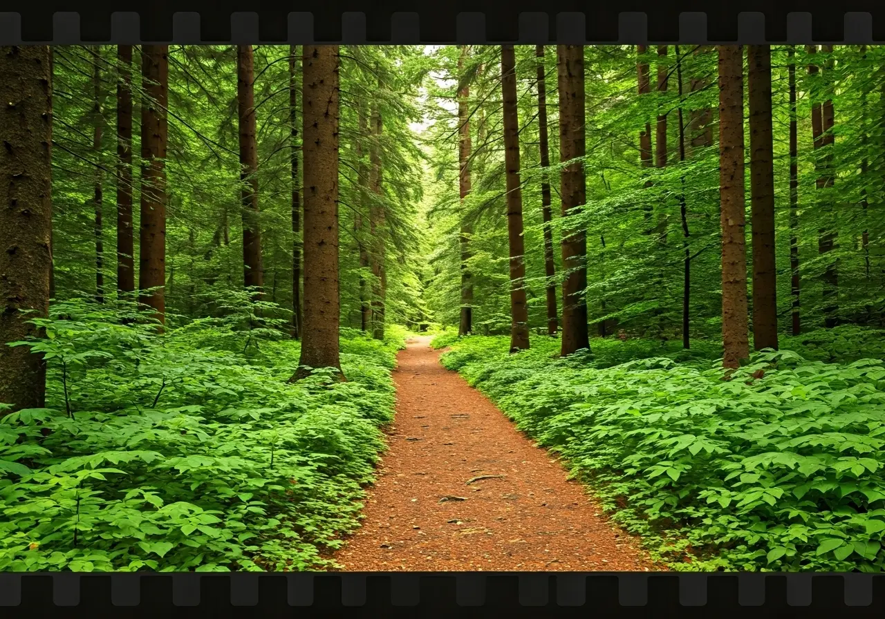 A serene forest path surrounded by lush green foliage. 35mm stock photo