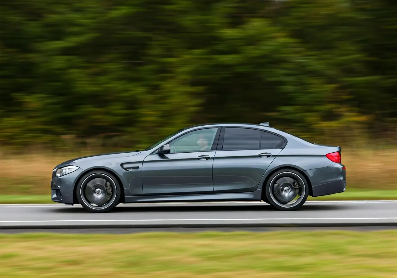 A sleek car with tinted windows driving along a scenic road. 35mm stock photo