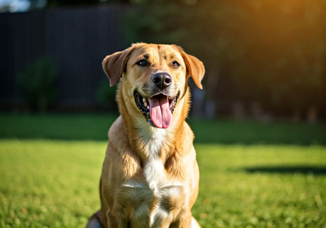 A happy dog sitting calmly in a sunny backyard. 35mm stock photo