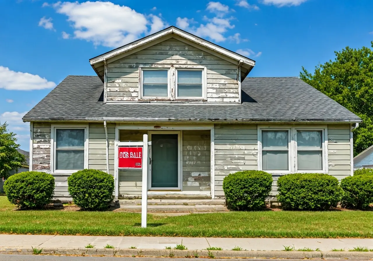 A house with a For Sale sign and fading paint. 35mm stock photo