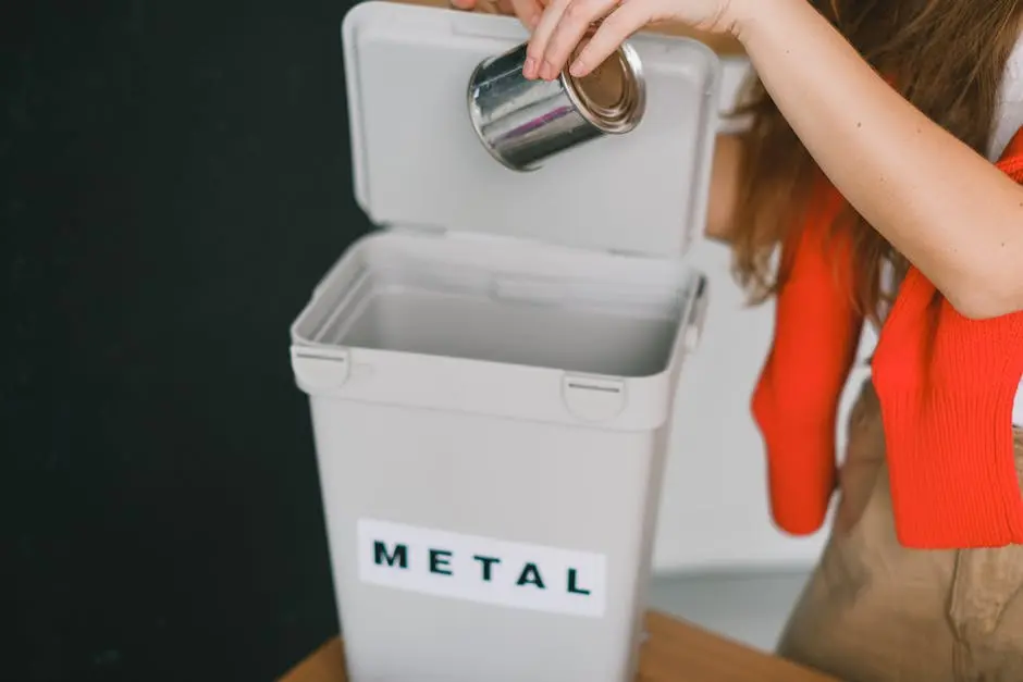 A woman recycling a metal tin can into a labeled bin indoors. Promotes sustainability.