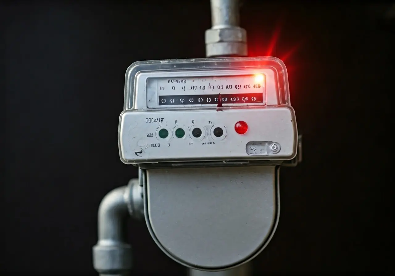 A gas meter with a red warning light flashing. 35mm stock photo