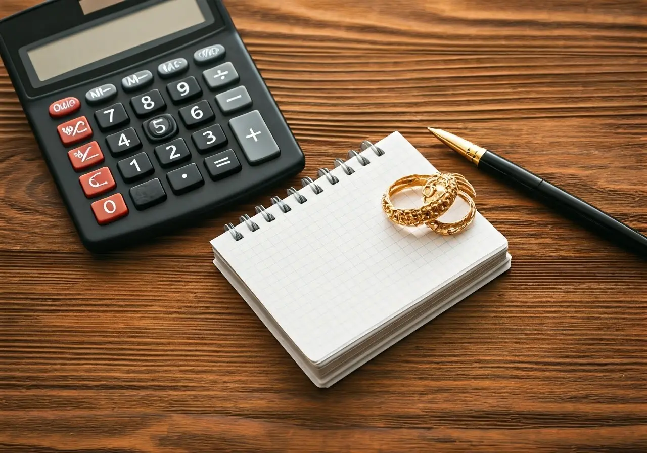 A calculator, gold jewelry, and a notepad on a wooden table. 35mm stock photo