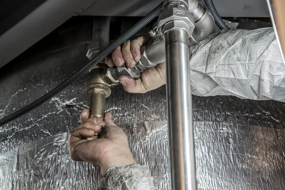 Close-up of a plumber&rsquo;s hands installing steel pipes indoors, showcasing skilled manual work.