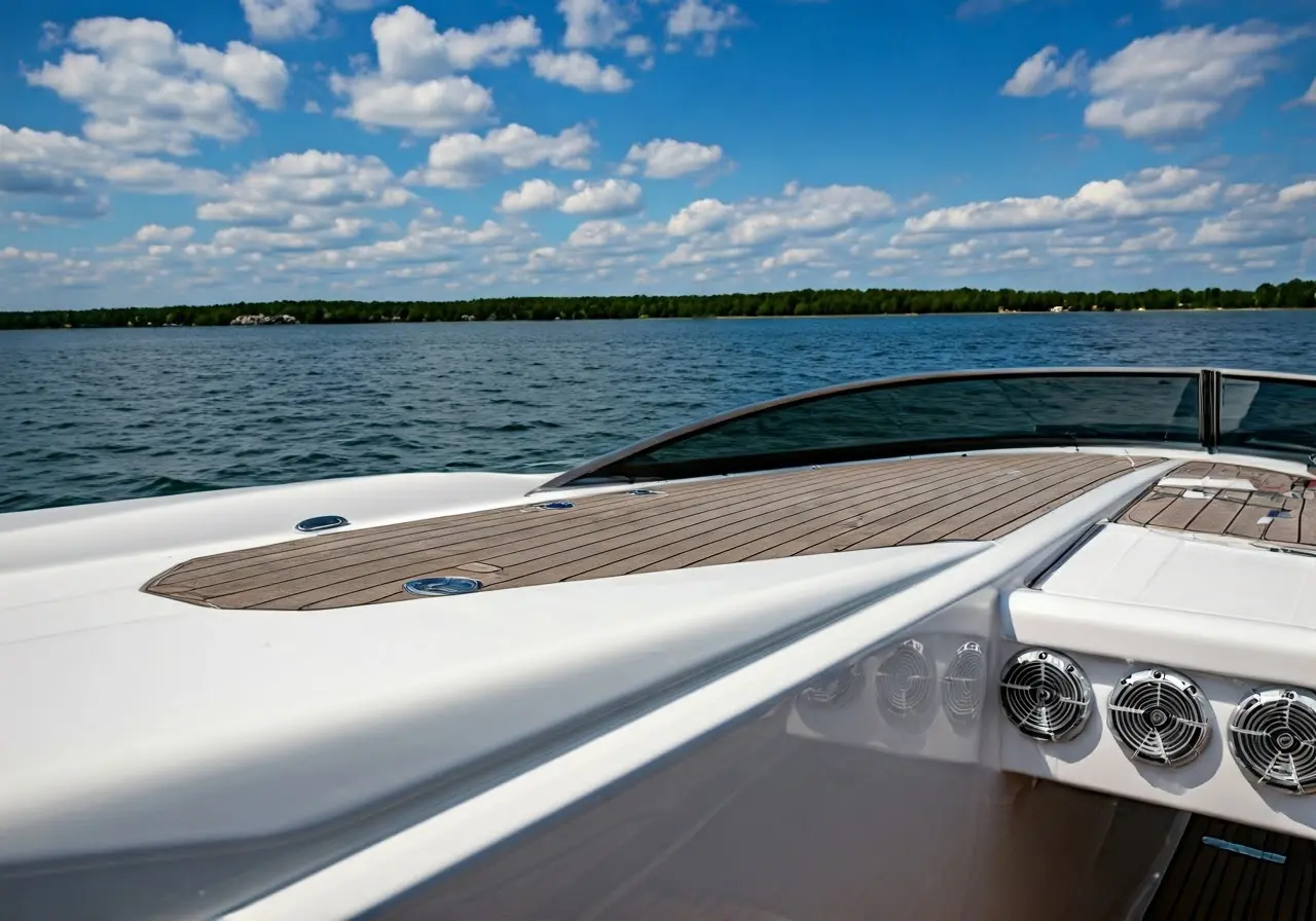 A sleek boat with high-quality marine speakers on deck. 35mm stock photo