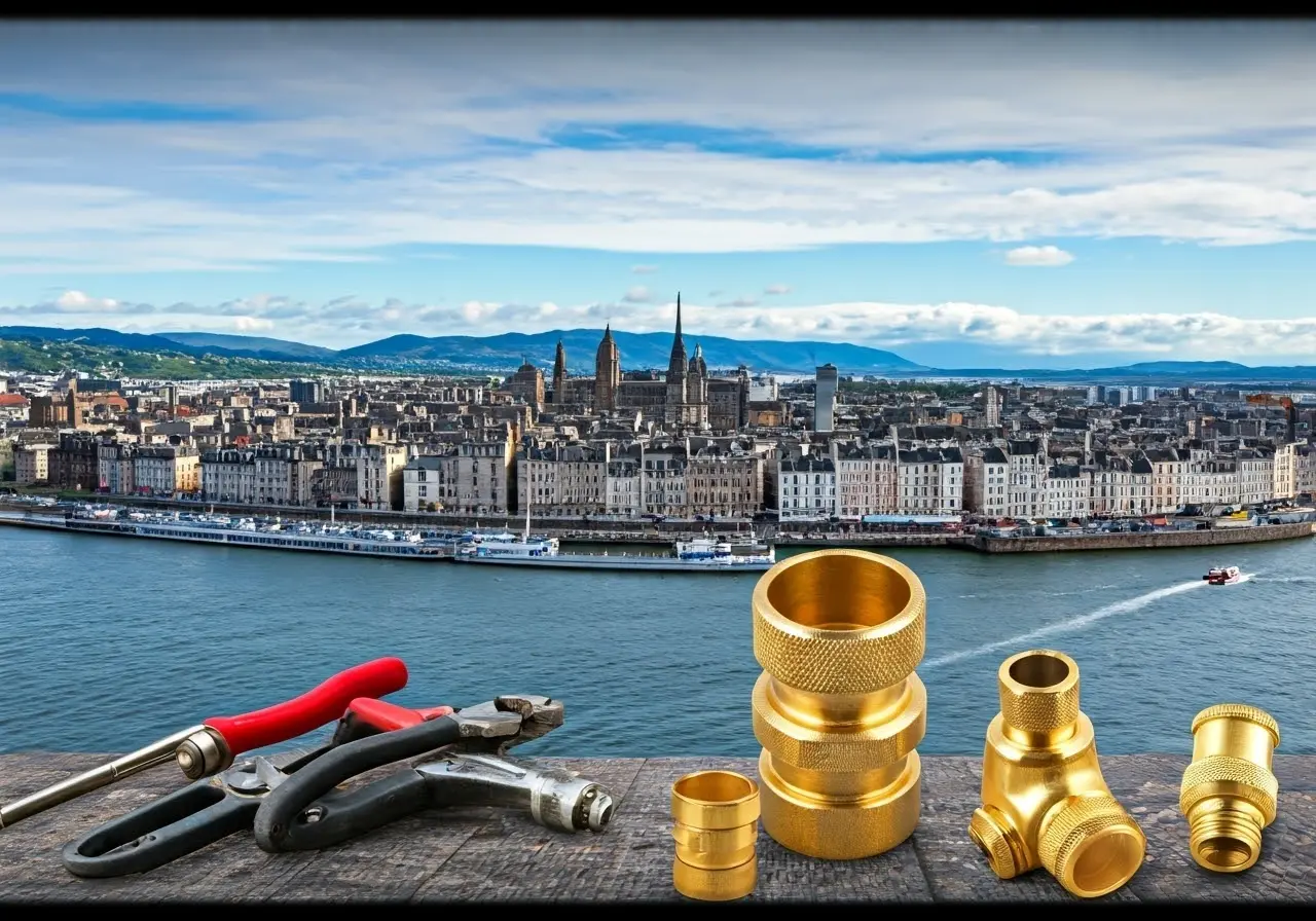 A Scottish cityscape with plumbing tools in the foreground. 35mm stock photo