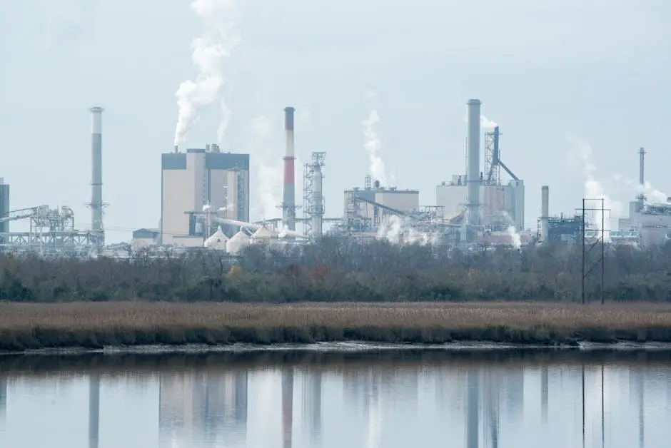View of an industrial plant with smokestacks emitting smoke, located in Georgia, USA.