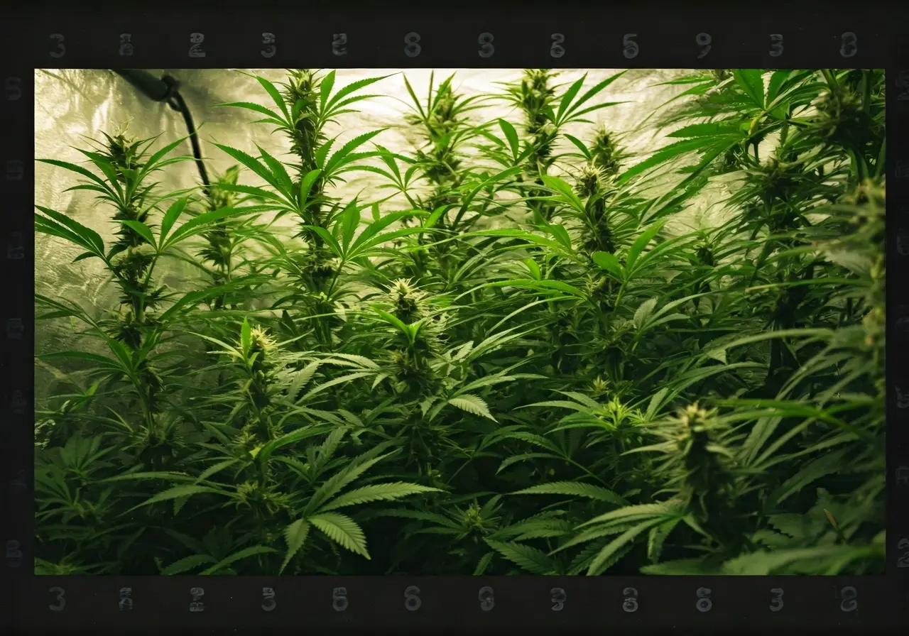 A lush indoor cannabis garden with vibrant green plants. 35mm stock photo