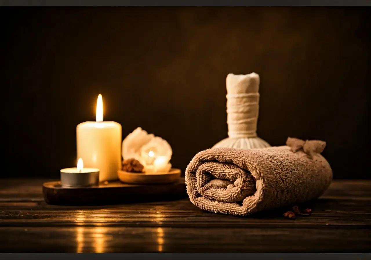 A tranquil spa setting with candles and soft towels. 35mm stock photo