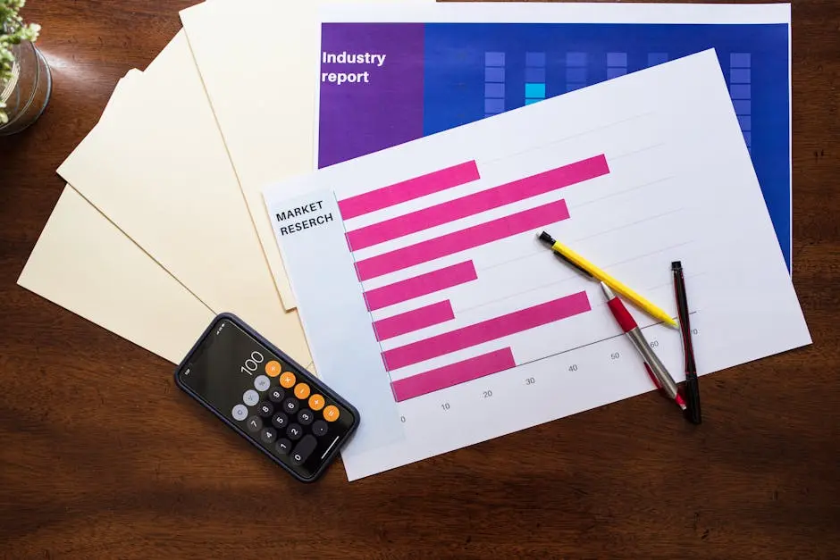 Top view of Brand Enhancement reports and calculator on a wooden desk, illustrating business analysis.