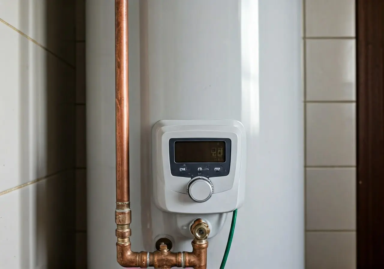 A water heater under maintenance in a bright utility room. 35mm stock photo