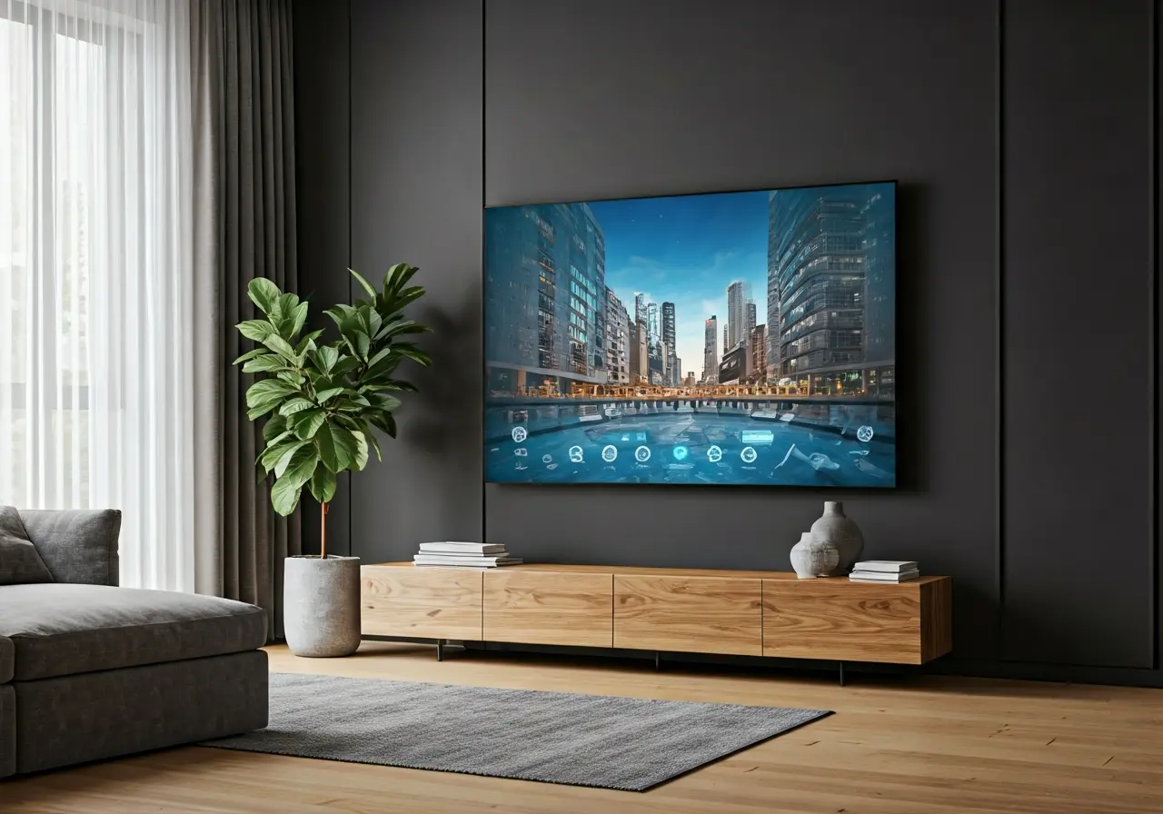 A modern living room with automated smart home screens. 35mm stock photo