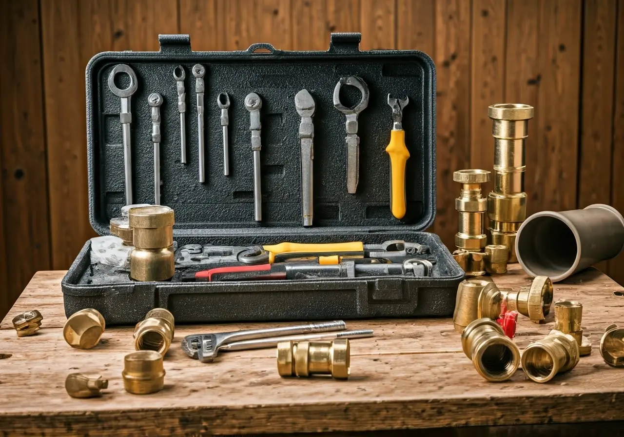 A toolkit with plumbing tools and pipes on a workbench. 35mm stock photo