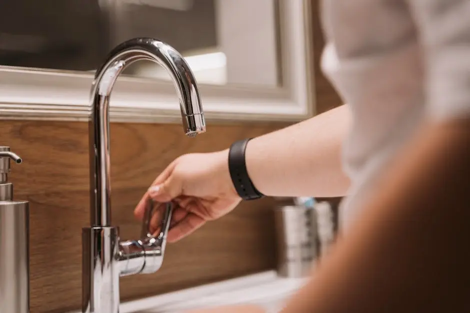 Close-up of a person&rsquo;s hand turning a chrome faucet handle in a modern bathroom setting.