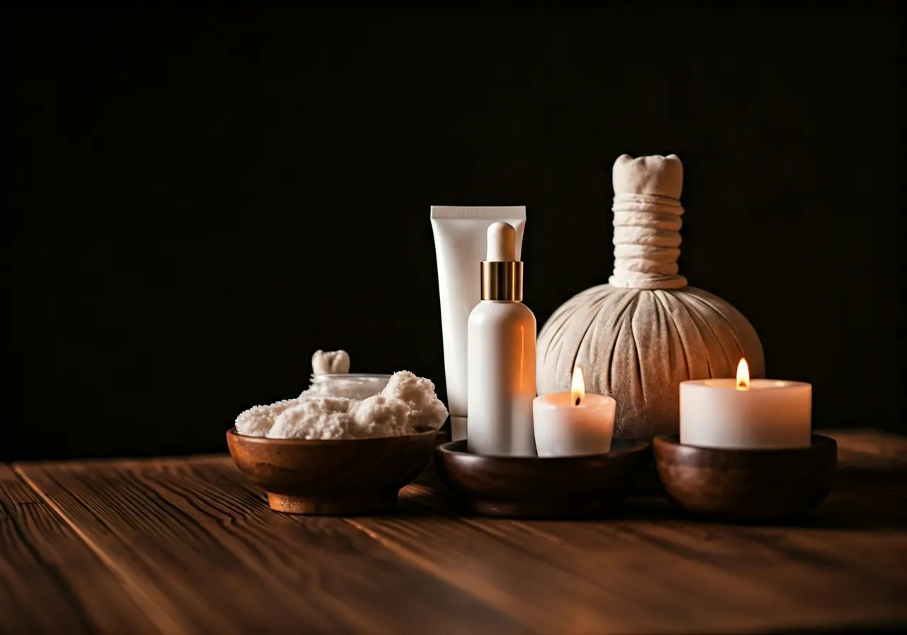 A serene spa setting with candles and skincare products. 35mm stock photo
