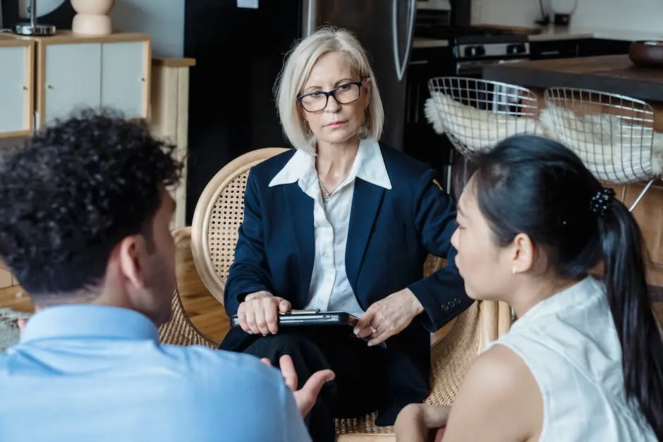 A professional therapist engages with a couple during a counseling session indoors.