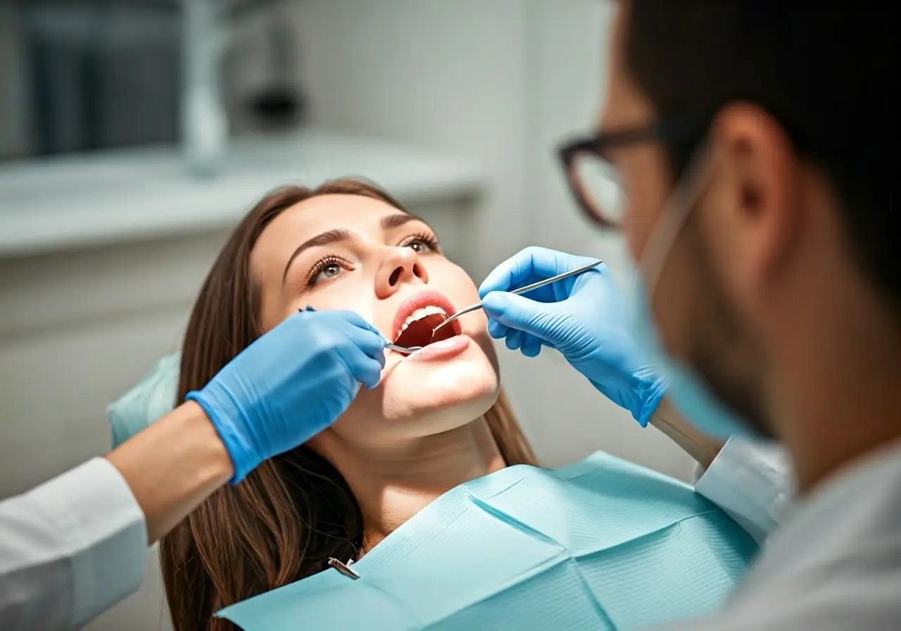 A dentist examining a patient’s teeth with dental instruments. 35mm stock photo