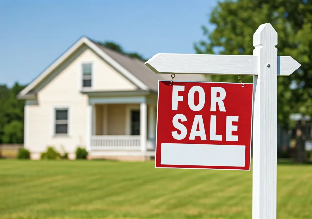 A For Sale sign in front of an old house. 35mm stock photo