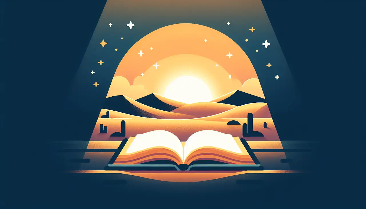Draw a graphic in flat design style. A flat design style illustration of a serene desert scene with a large, open Quran in the foreground, glowing gently, symbolizing guidance and security.