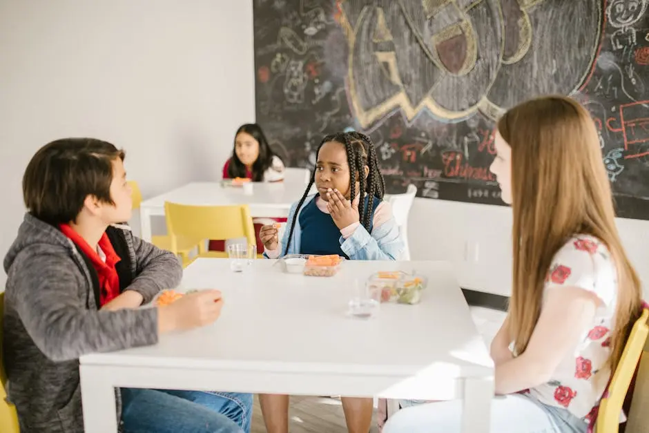 Multiracial group of children interacting at school, fostering social skills and diversity.