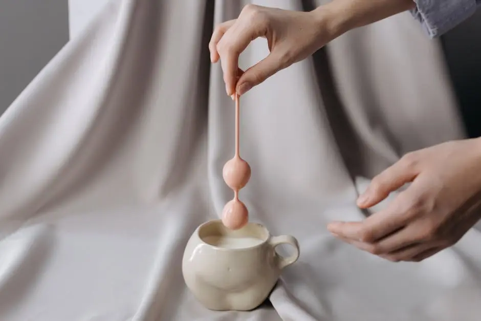 An artistic pastel scene featuring hands holding kegel balls over a mug of liquid.