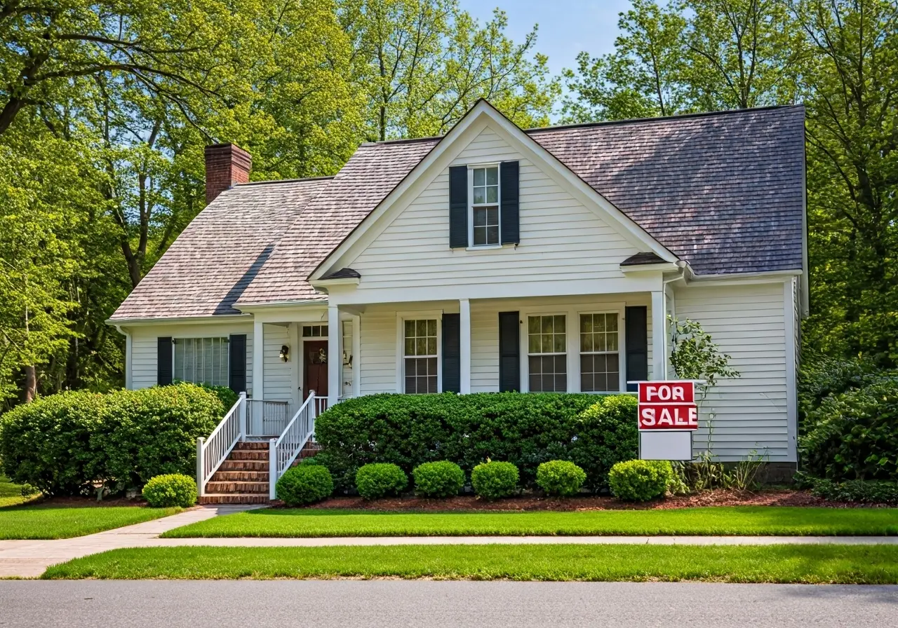 A quaint Virginia home with a For Sale sign. 35mm stock photo