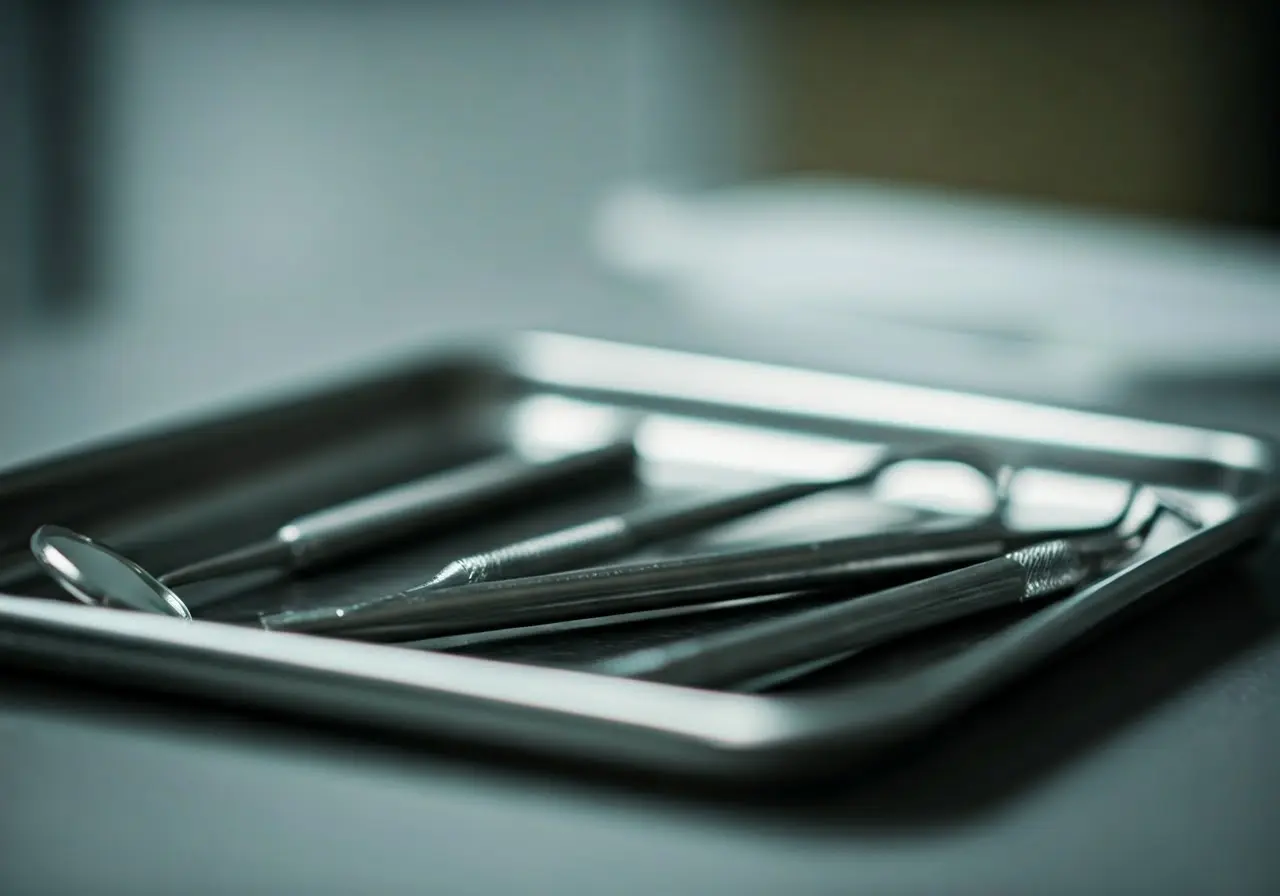 A close-up of tartar-removing dental tools on a tray. 35mm stock photo